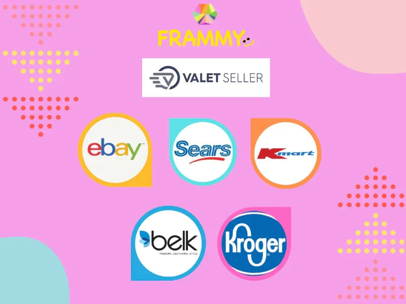 Frammy and Valet Seller logos above circular logos of eBay, Sears, Kmart, Belk, and Kroger on pink background