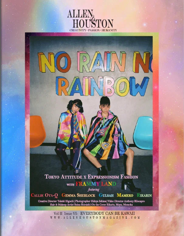 Allen & Houston Magazine cover featuring Tokyo Attitude x Expressionism Fashion with Frammy Land, showcasing original raincoat ponchos designed by Gulsah Hamurcu and inspired by self-expression, Harajuku culture, and creative individuality.