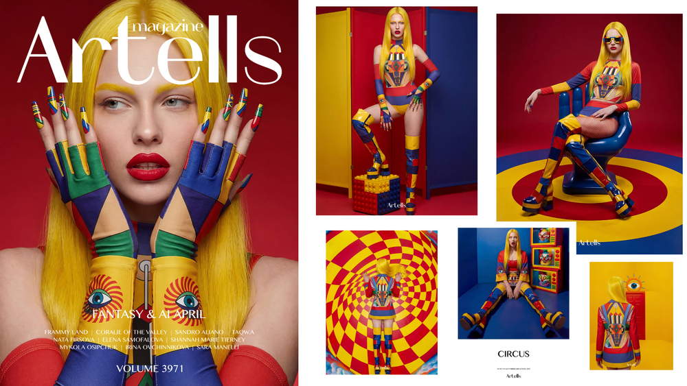 Circus AI fashion editorial collage featuring the Artells Magazine cover story, original Frammy Land designs, maximalist fashion imagery, and digital art created by Gulsah Hamurcu.