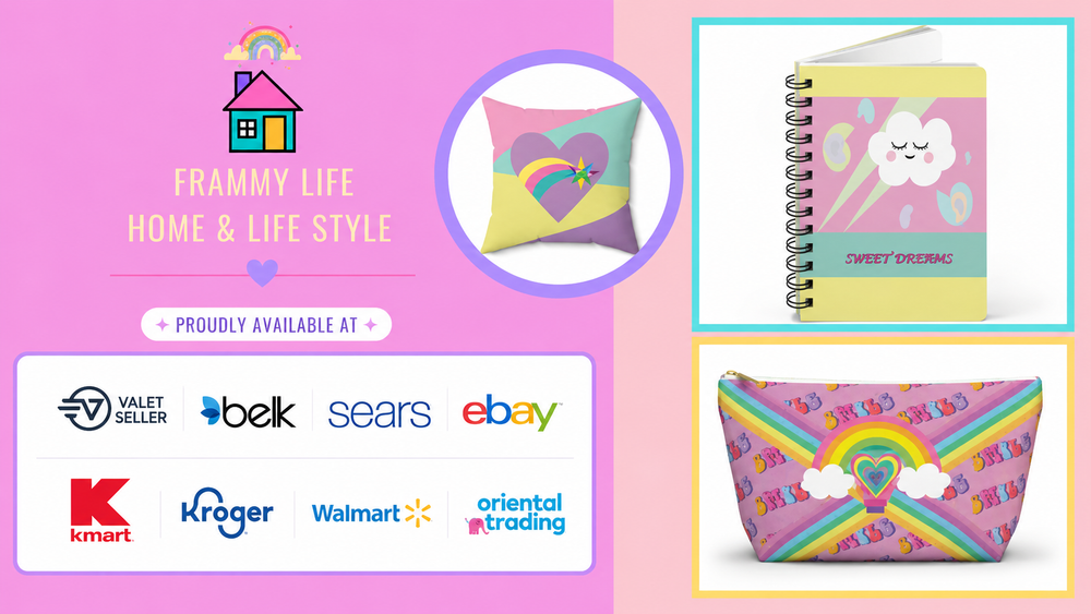 Frammy Life home and lifestyle products designed by Gulsah Hamurcu and distributed through Valet Seller across major U.S. retail platforms including Walmart, Belk, Sears, eBay, Kroger, and Oriental Trading.