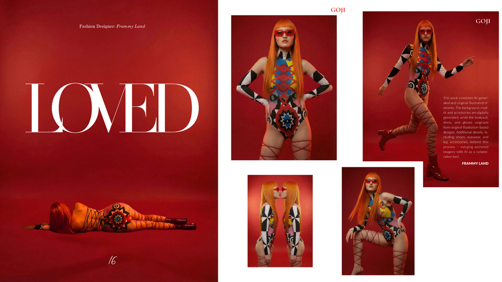 LOVED AI fashion editorial collage featuring Goji Magazine publication pages, original Frammy Land designs, fashion illustration, digital fashion imagery, and the Love Equation Bodysuit designed by Gulsah Hamurcu.