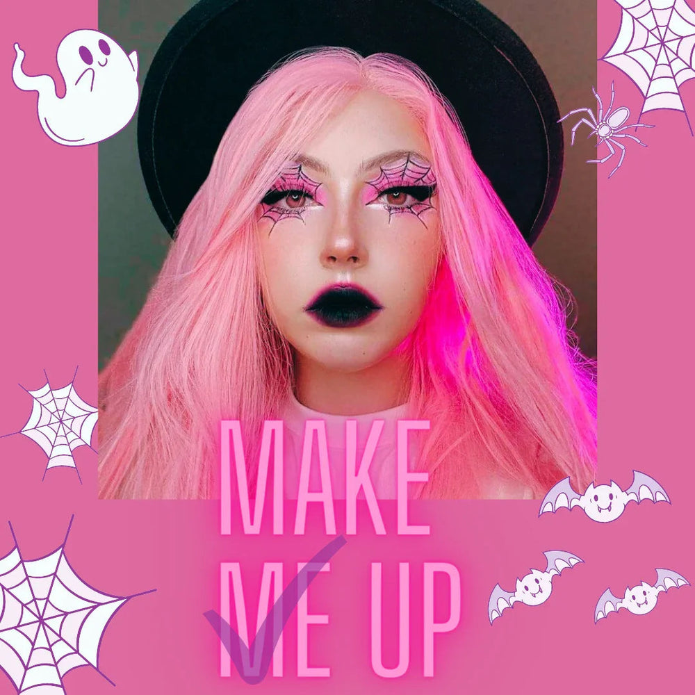 Halloween makeup with pink hair, black hat, spider web eye makeup, black lips, and spooky graphics