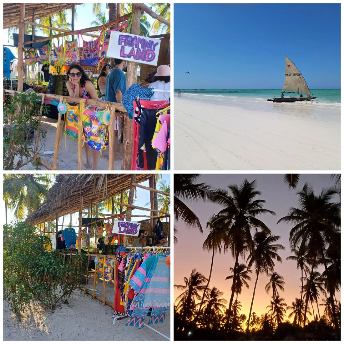 Colorful beach market stall at sunny tropical seaside, traditional sailboat on white sand beach, palm trees at sunset