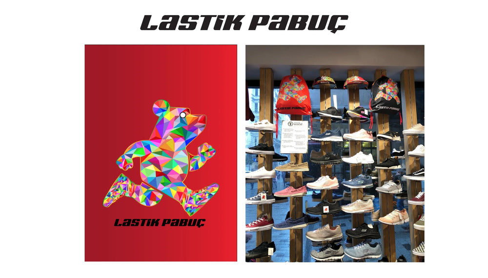 Colorful geometric bear logo and wall display of assorted sneakers and branded backpacks at Lastik Pabuç store