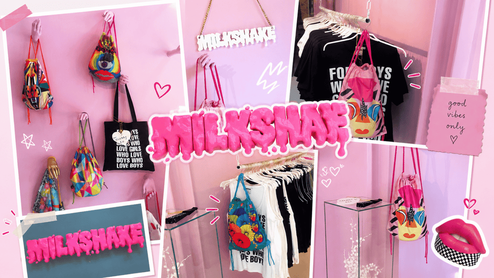 Milkshake Festival pop-up store in Amsterdam featuring Pride-inspired drawstring bags from the Frammy Land collection designed by Gulsah Hamurcu and displayed as part of the festival’s LGBTQ+ community activation.