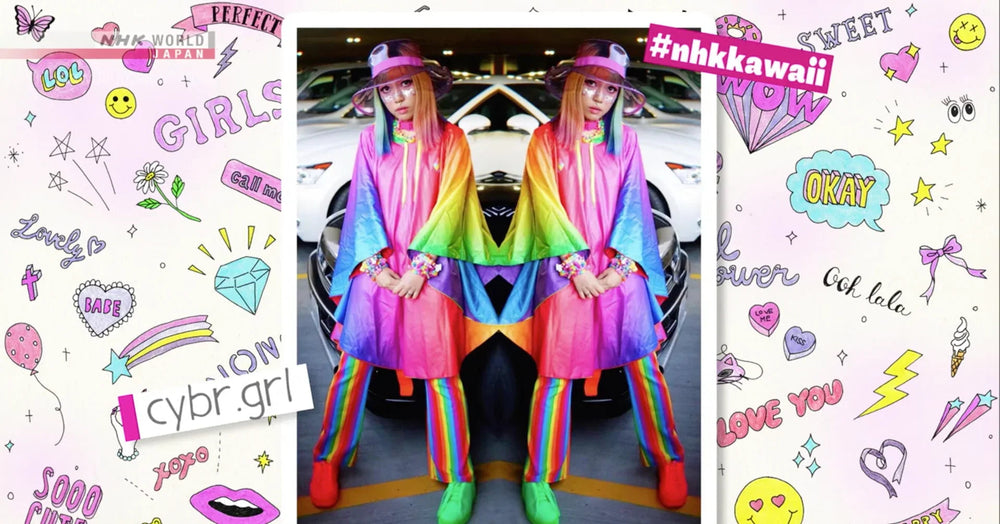 Fashion-forward person in colorful rainbow outfit, hat, and face gems posing in front of white cars, surrounded by kawaii doodles