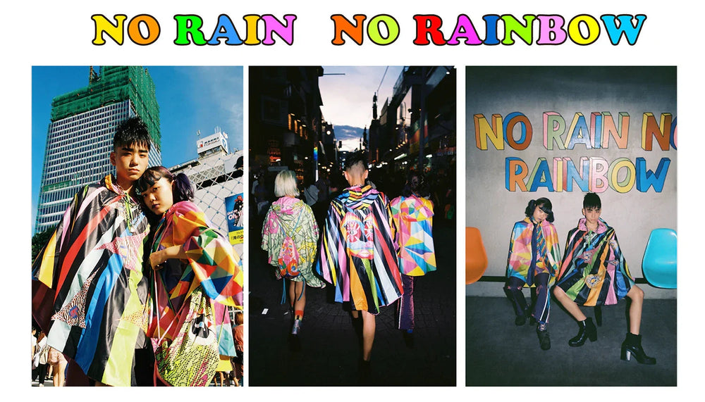 Three images of youth wearing colorful, geometric patterned rain ponchos under text saying No Rain No Rainbow