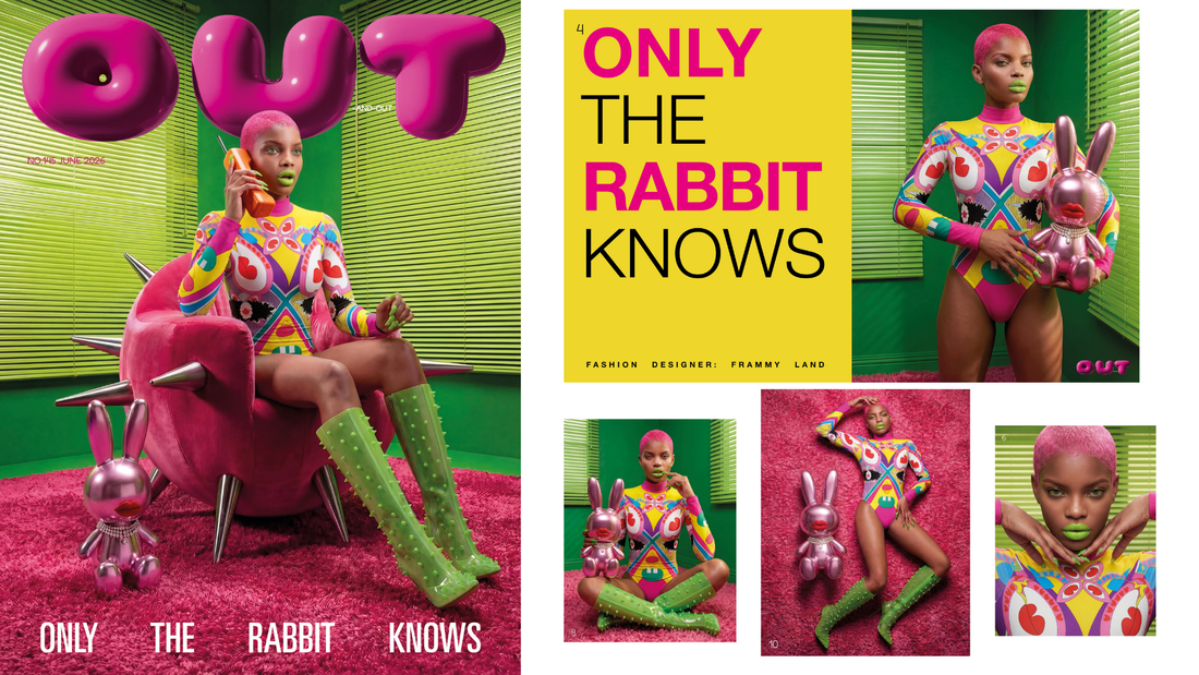OUT-AND-OUT Magazine cover story Only The Rabbit Knows featuring the Sayca Rabbit Bodysuit by Frammy Land, created by Gulsah Hamurcu through surreal visual storytelling and AI-assisted image creation.