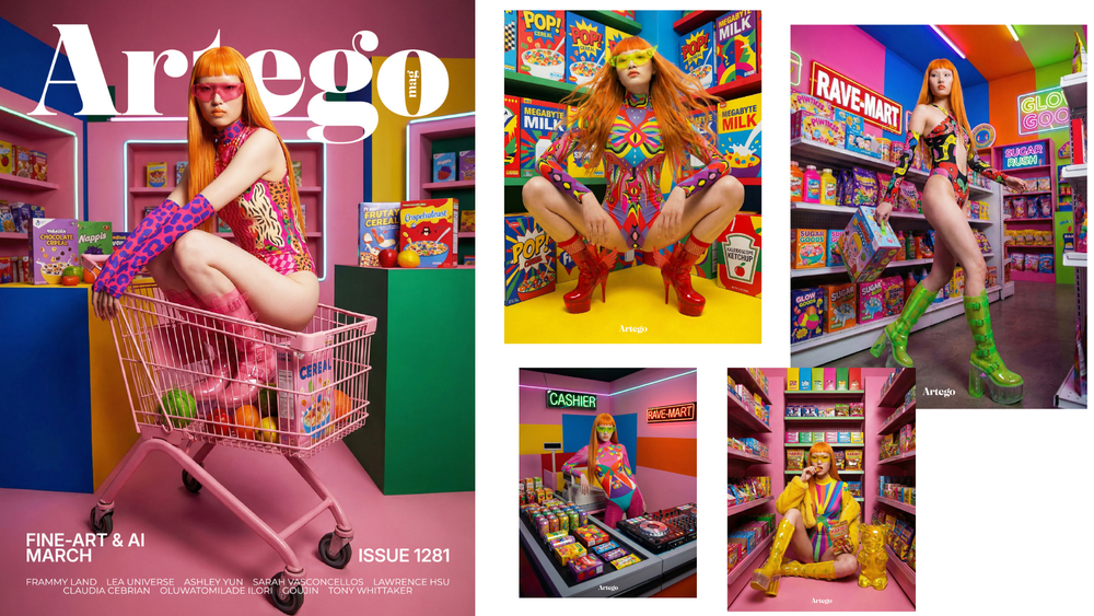 Rave Mart AI fashion editorial collage featuring the Artego Magazine cover story, original Frammy Land designs, rave fashion imagery, festival culture, and digital art created by Gulsah Hamurcu.