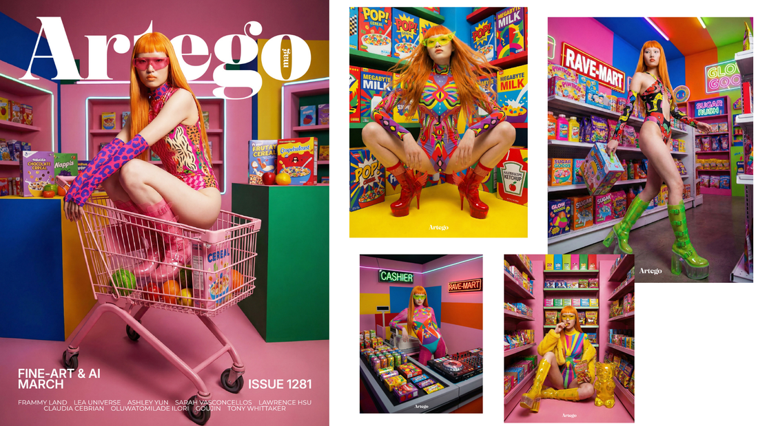 Rave Mart AI fashion editorial collage featuring the Artego Magazine cover story, original Frammy Land designs, rave fashion imagery, festival culture, and digital art created by Gulsah Hamurcu.