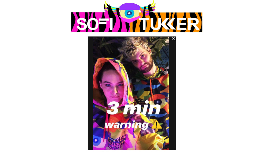 Sofi Tukker duo in colorful hoodies with bold patterns, text 3 min warning, vibrant lighting