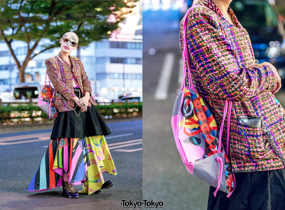 Street fashion in Tokyo featuring a person wearing colorful patchwork skirt, tweed jacket, leopard shoes, and reindeer sunglasses