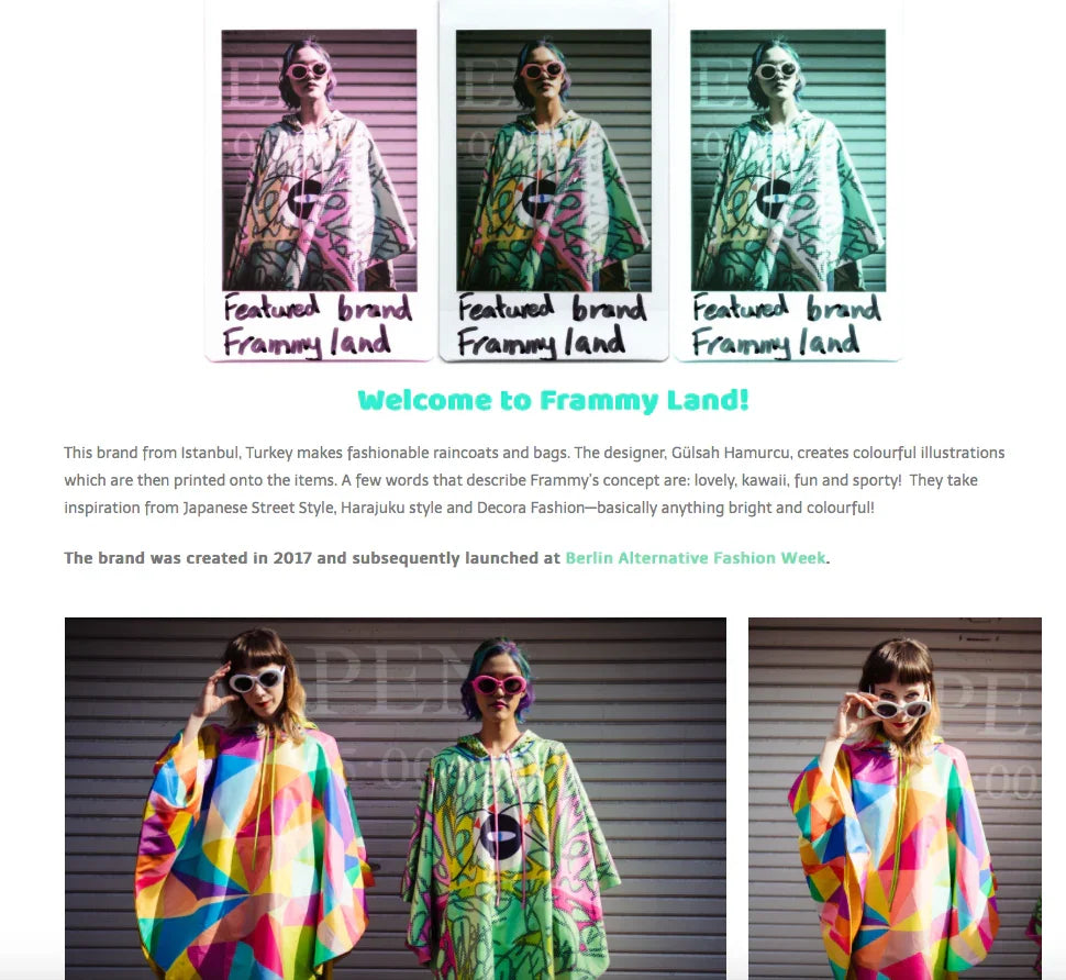 Two models wearing colorful, patterned raincoat ponchos and sunglasses against a shutter background