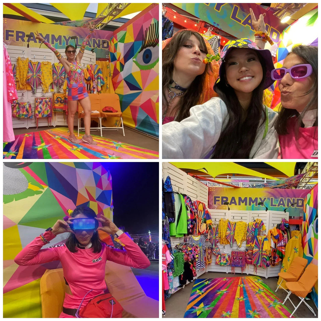 Colorful Frammy Land booth with vibrant clothing, enthusiastic visitors, and digital LED glasses at night event