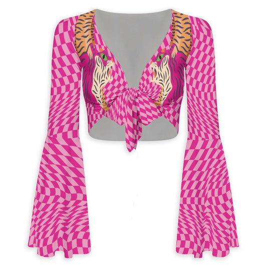 Tiger Balm Pink Women's High Elastic Flare Pants & Flared Sleeve Tie-Front Crop Top Set