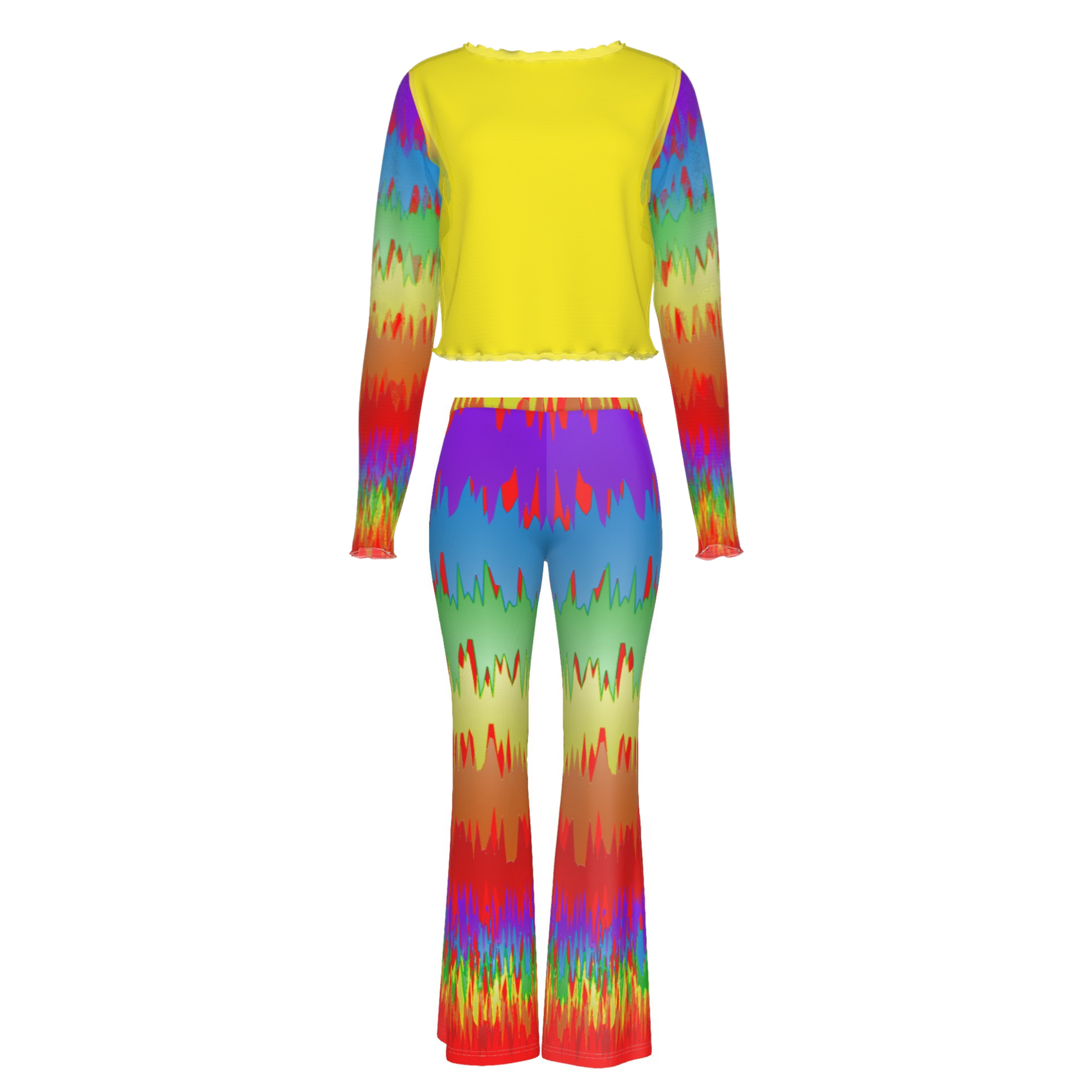 Rainbow Splash Women's Mesh Long Sleeves T-shirt & High Elastic Flare Pants Set