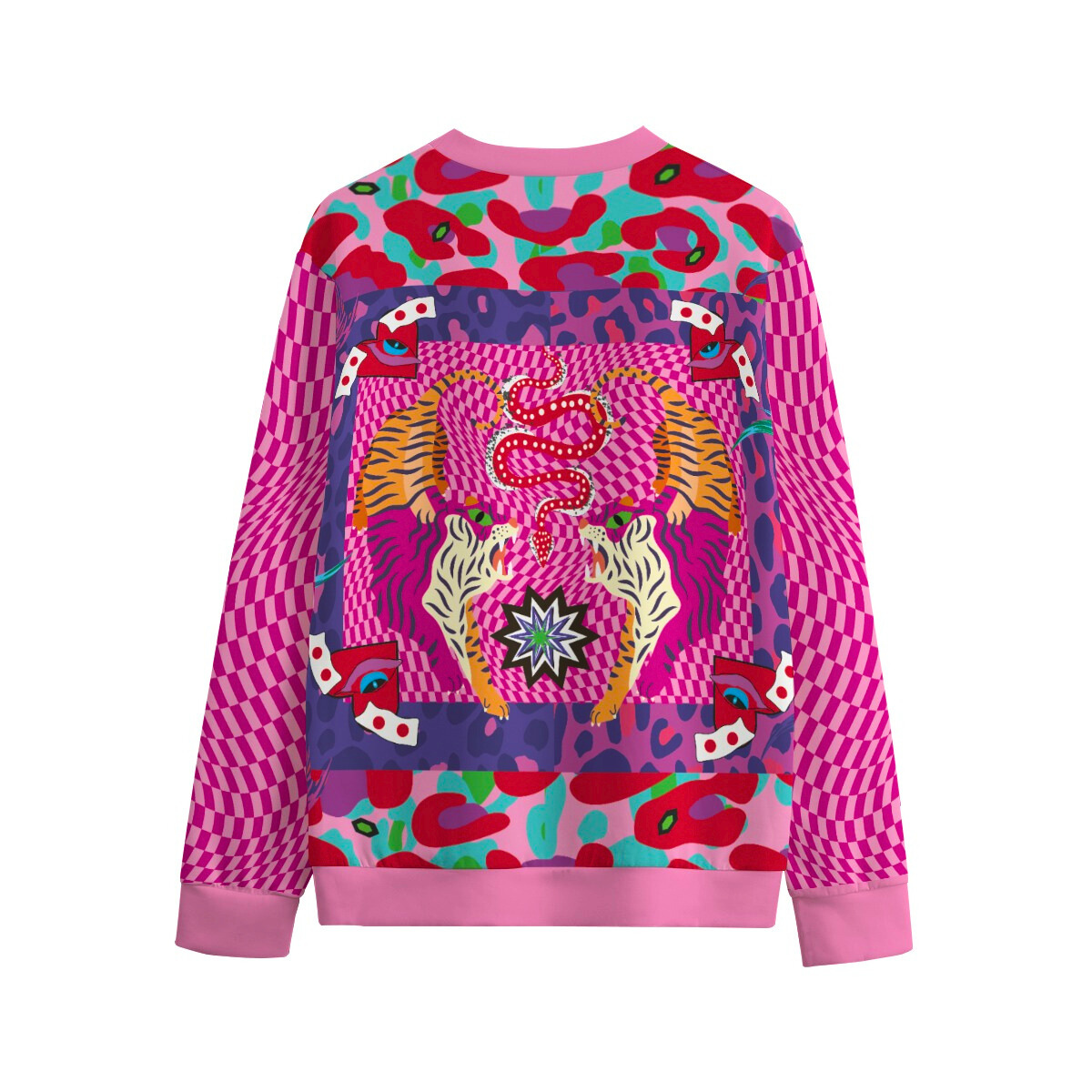 Colorful sweater with abstract patterns on a white background