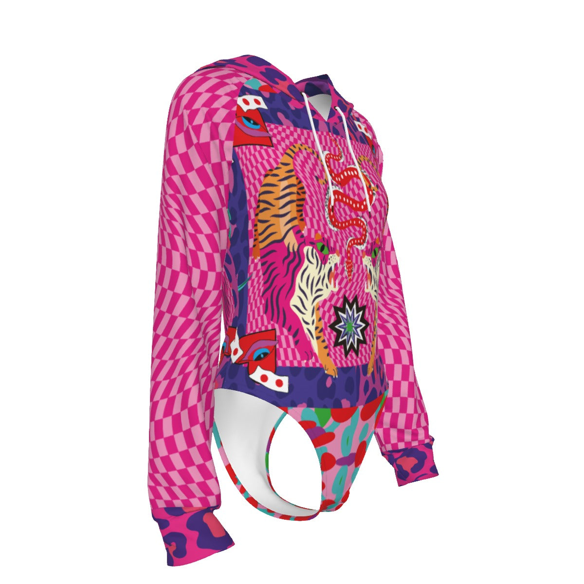 Colorful hoodie with animal patterns on a white background