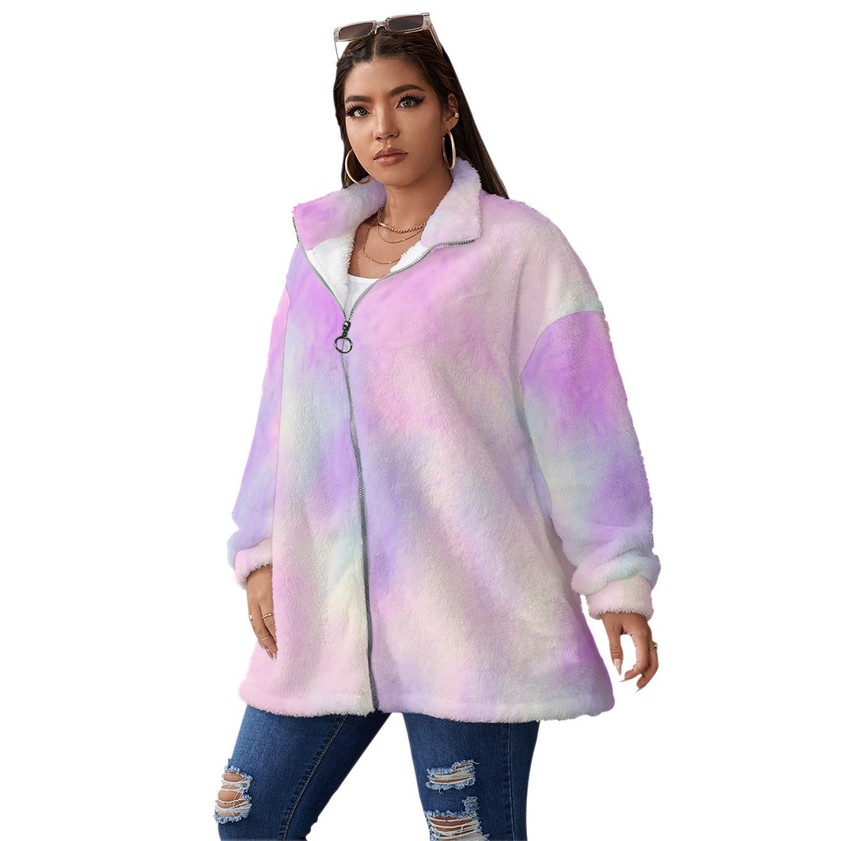 Dreamy Colors Unisex Borg Fleece Stand-up Collar Coat With Zipper Closure(Plus Size)