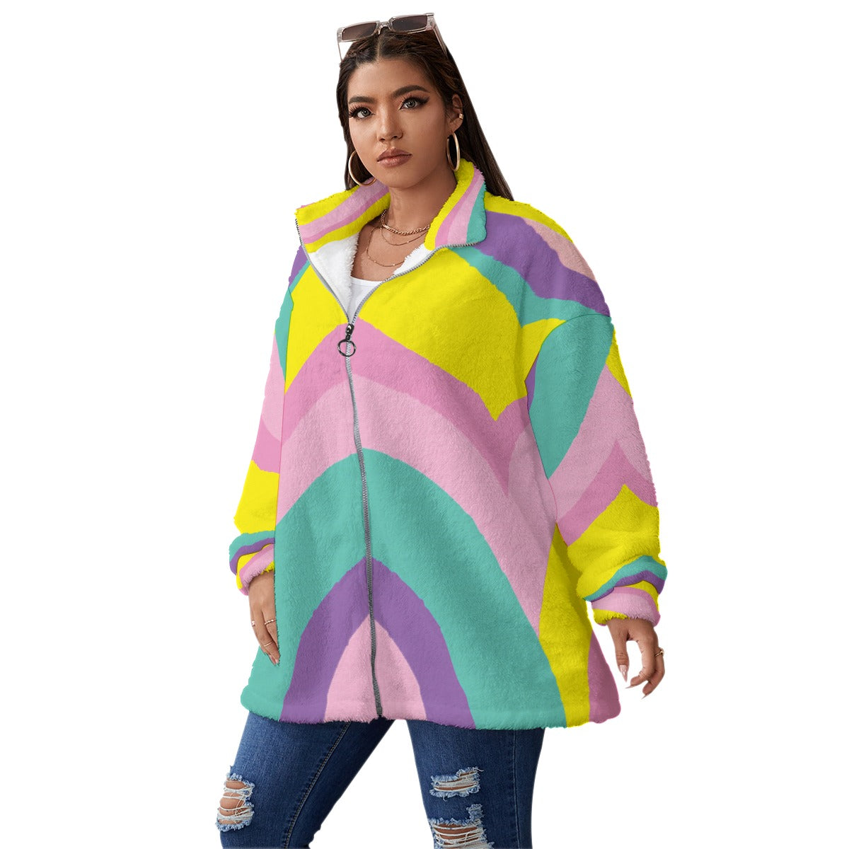 Kawaii Colors Unisex Borg Fleece Stand-up Collar Coat With Zipper Closure(Plus Size)