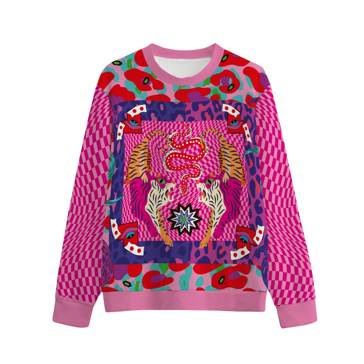 Colorful sweater with animal print design on a white background