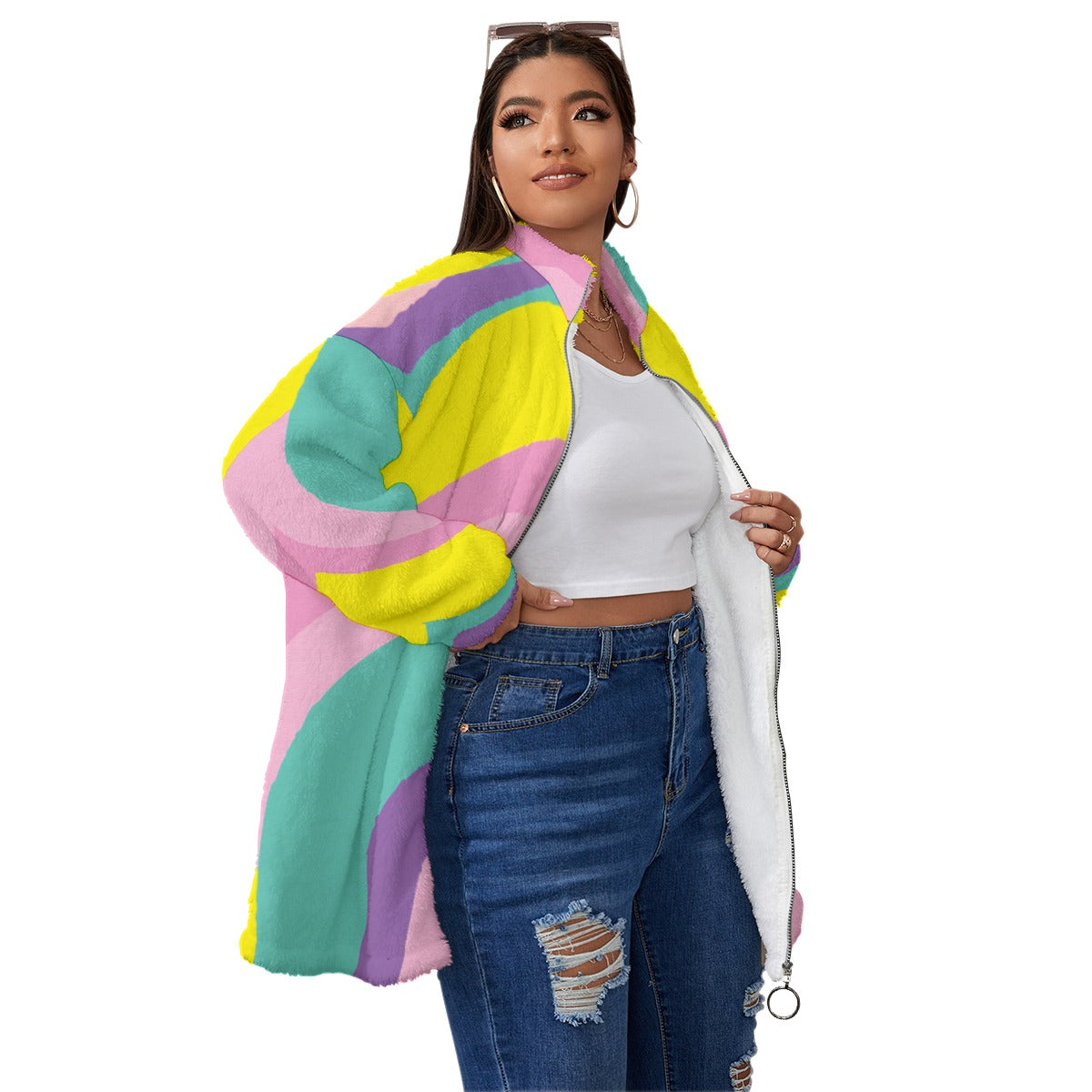 Kawaii Colors Unisex Borg Fleece Stand-up Collar Coat With Zipper Closure(Plus Size)