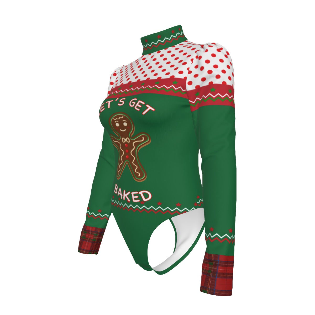 Christmas Cookie Green Women's Turtleneck Bodysuit With Puff Sleeve