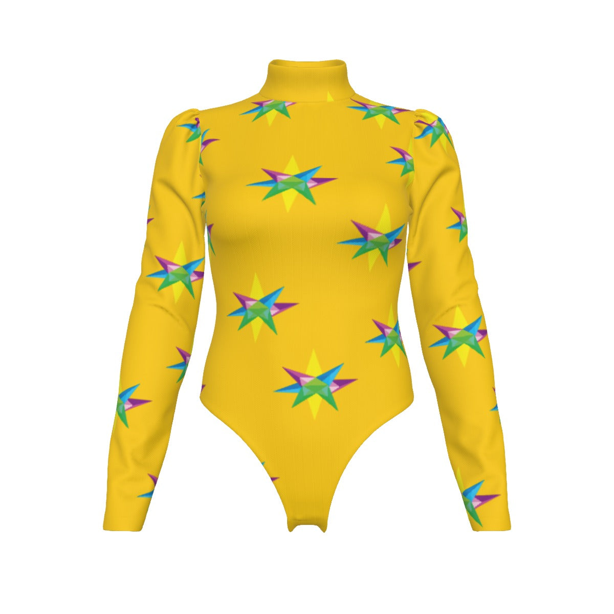 Star Yellow Women's Turtleneck Bodysuit With Puff Sleeve