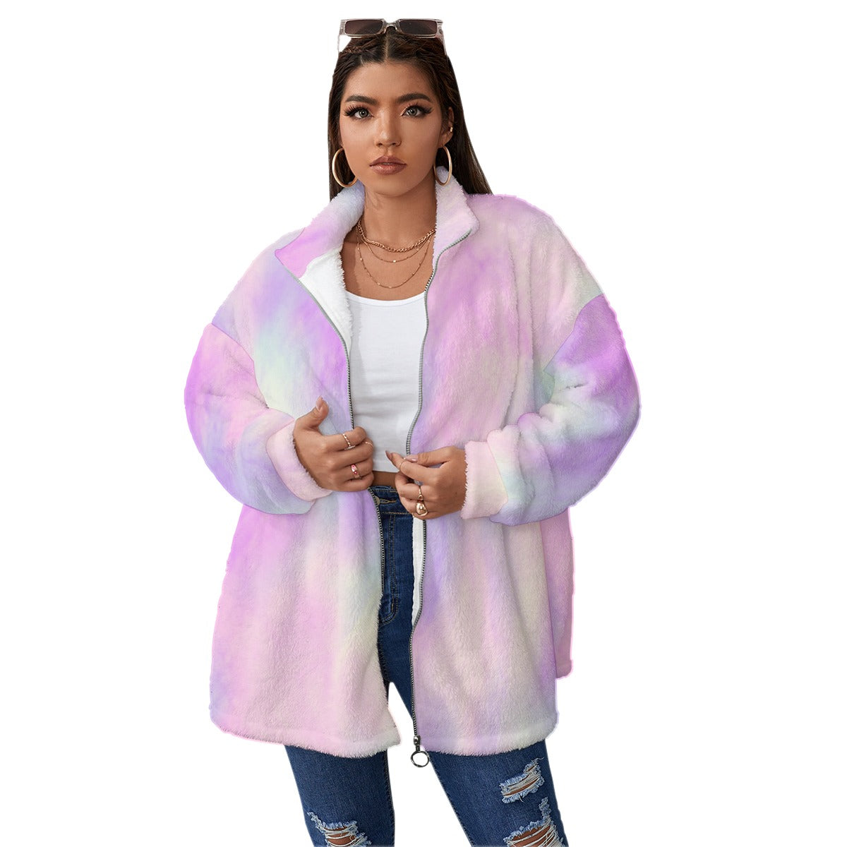 Dreamy Colors Unisex Borg Fleece Stand-up Collar Coat With Zipper Closure(Plus Size)