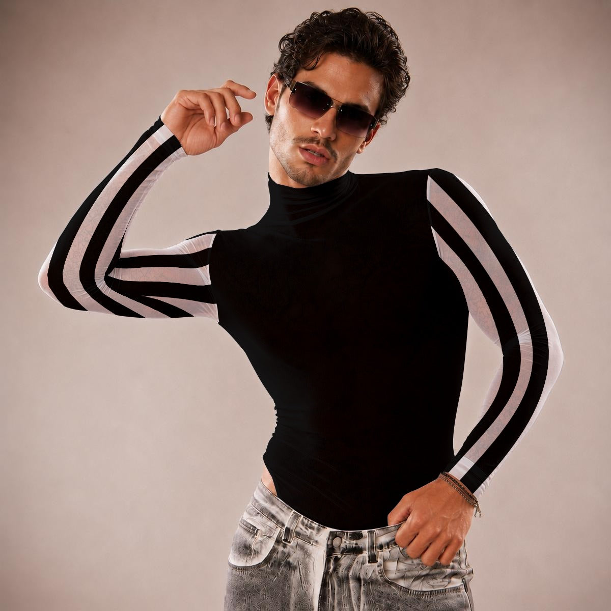 Artie Stripe Men's Mesh Turtleneck Long Sleeve Bodysuit