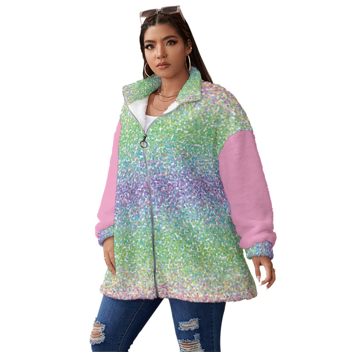 Dream Team Glitter  Unisex Borg Fleece Stand-up Collar Coat With Zipper Closure(Plus Size)