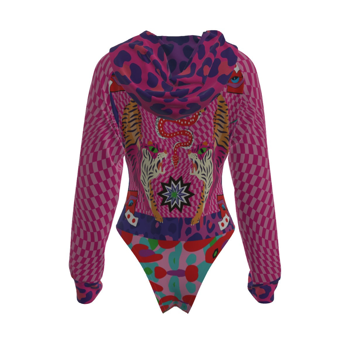 Colorful animal print hoodie with a geometric pattern on a white background