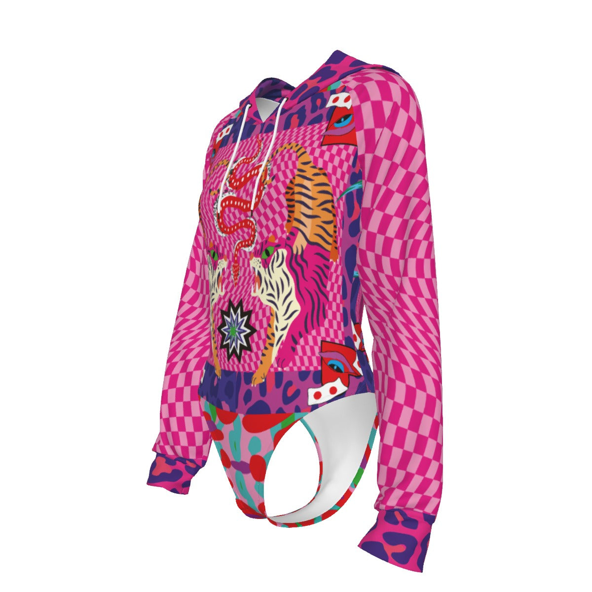 Colorful patterned shirt with checkered design on a white background