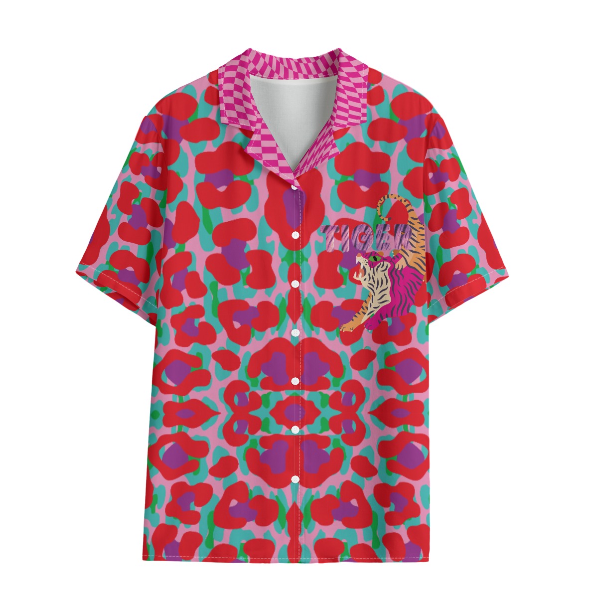 Colorful patterned shirt with a tiger design on a white background