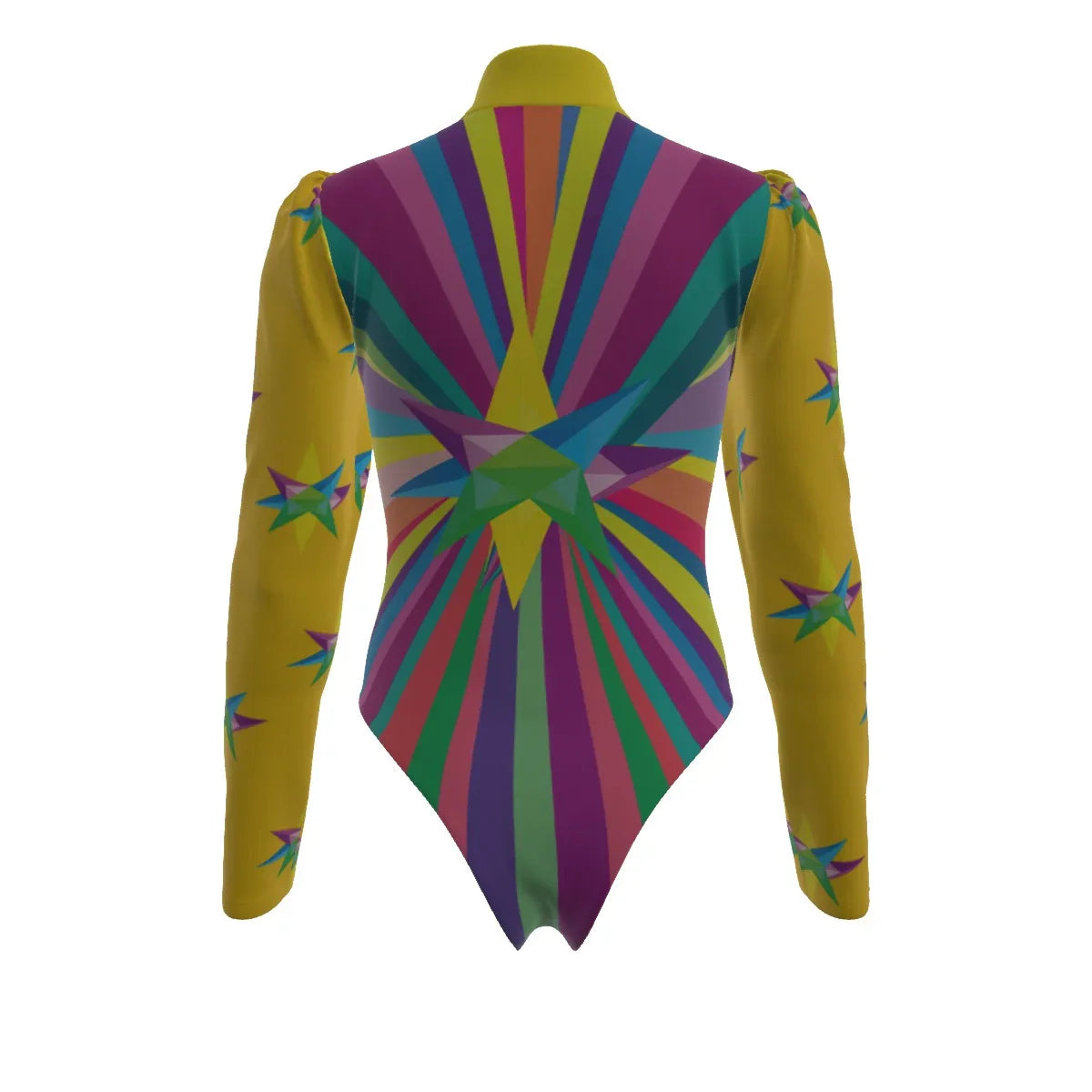 Multi Star Yellow Women's Turtleneck Bodysuit With Puff Sleeve