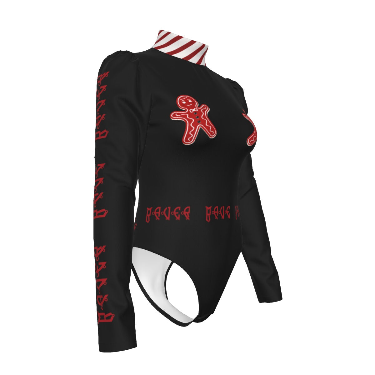 Rave Black Women's Turtleneck Bodysuit With Puff Sleeve for Christmas Rave Parties