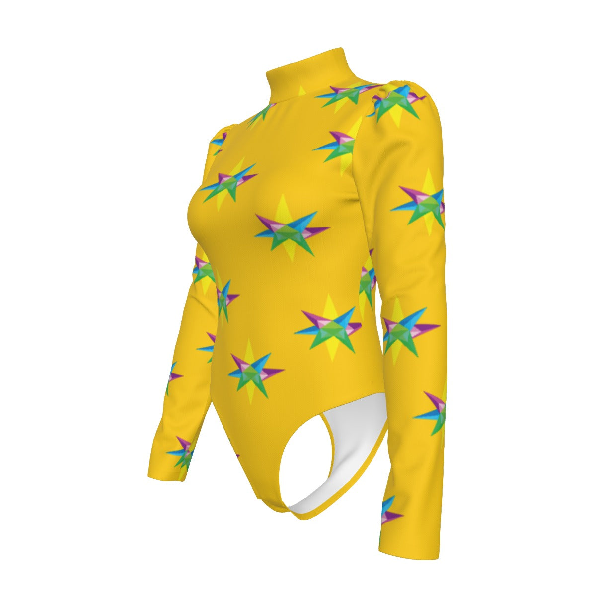 Star Yellow Women's Turtleneck Bodysuit With Puff Sleeve