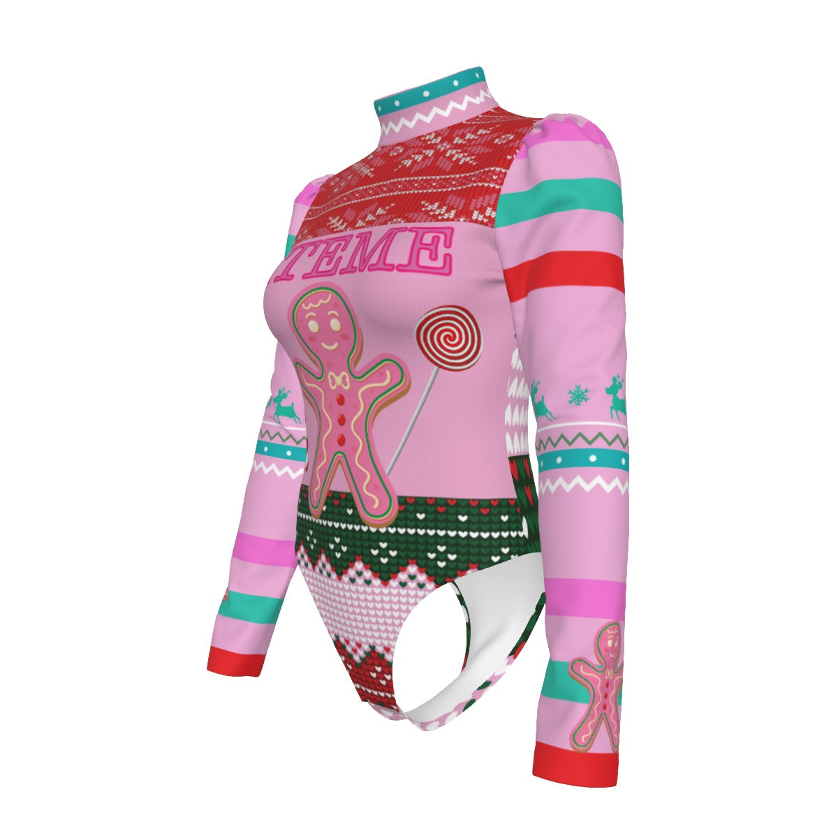 Christmas Cookie Pink Women's Turtleneck Bodysuit With Puff Sleeve