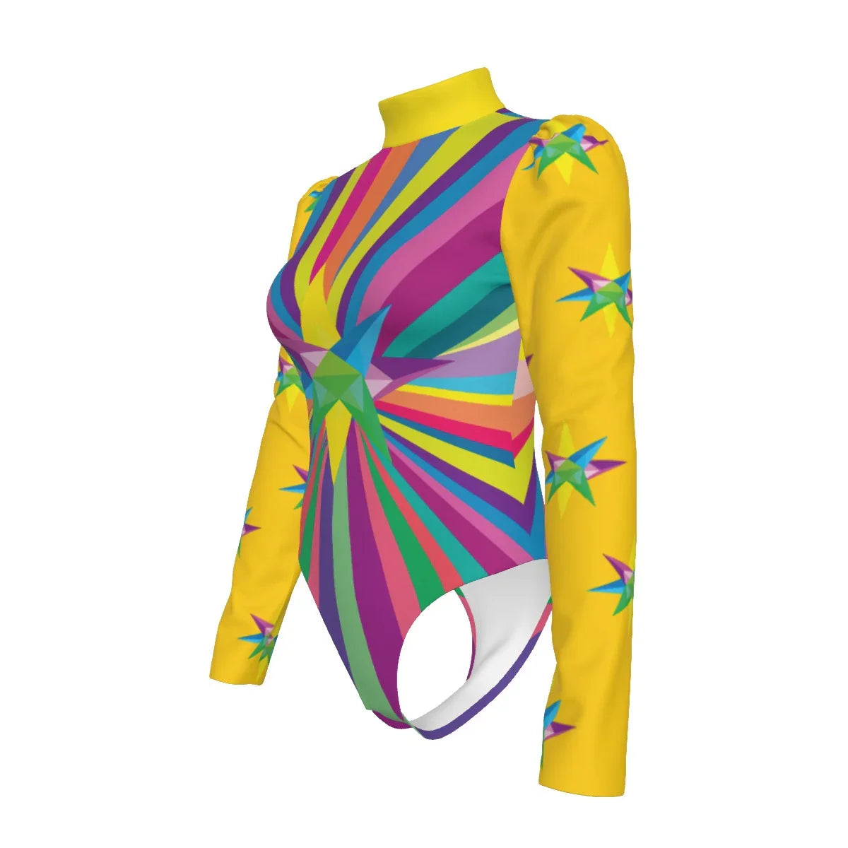 Multi Star Yellow Women's Turtleneck Bodysuit With Puff Sleeve