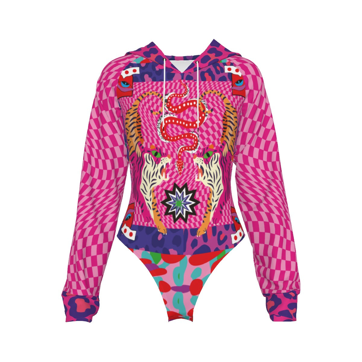 Colorful onesie with animal patterns on a white background