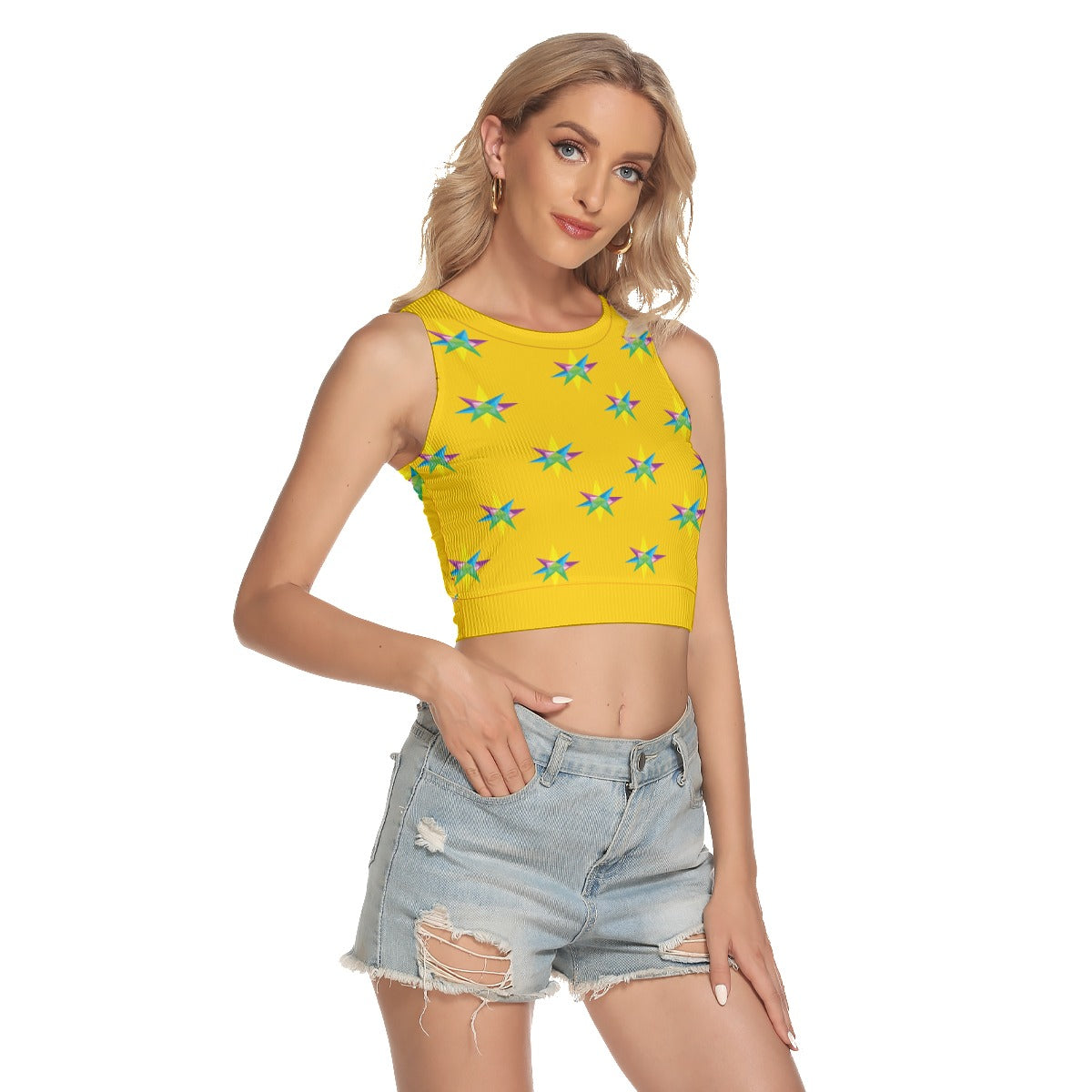 Star Yellow  Back Hollow Crop Top