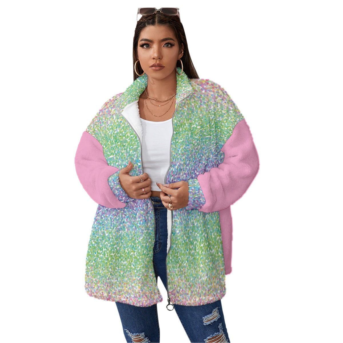 Dream Team Glitter  Unisex Borg Fleece Stand-up Collar Coat With Zipper Closure(Plus Size)