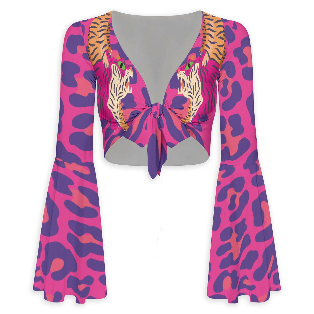 Tiger Balm Purple Women's Elegant Flared Sleeve Tie-Front Crop Top