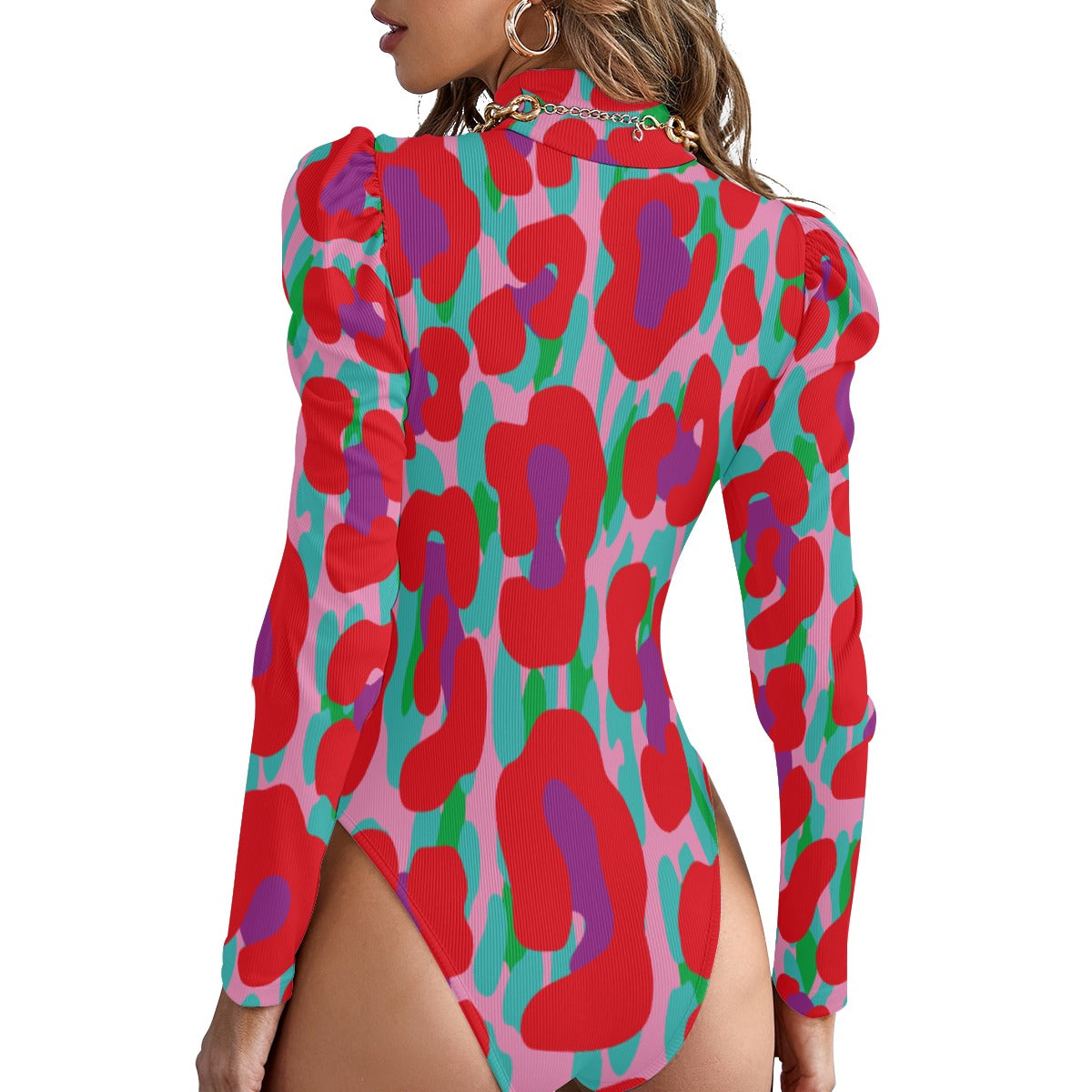 Tiger Balm Paw Pattern Women's Turtleneck Bodysuit With Puff Sleeve