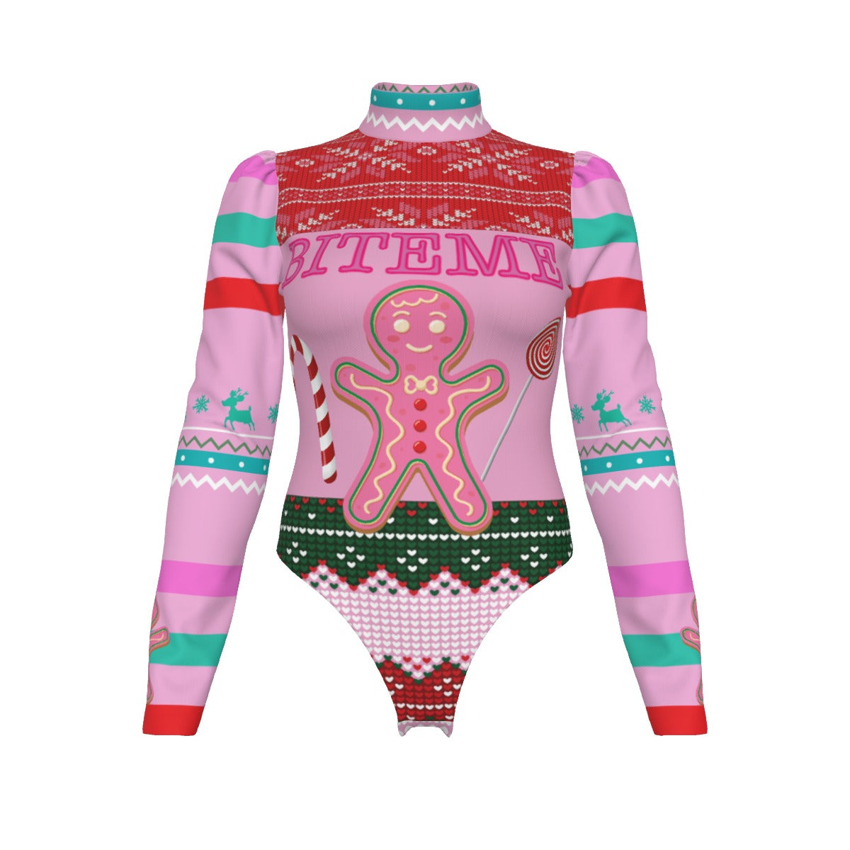 Cookie Pink Women's Turtleneck Bodysuit With Puff Sleeve  for Christmas