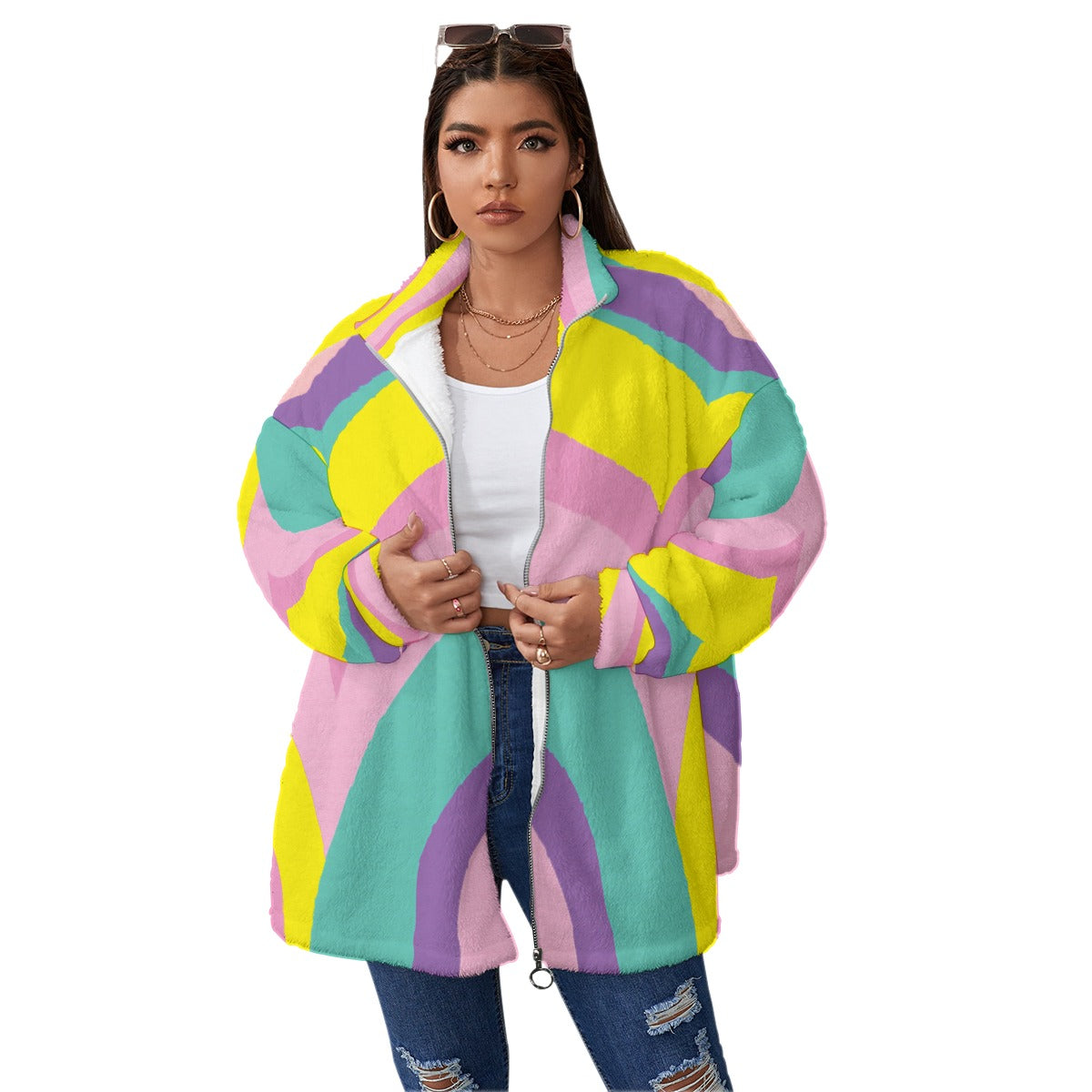 Kawaii Colors Unisex Borg Fleece Stand-up Collar Coat With Zipper Closure(Plus Size)