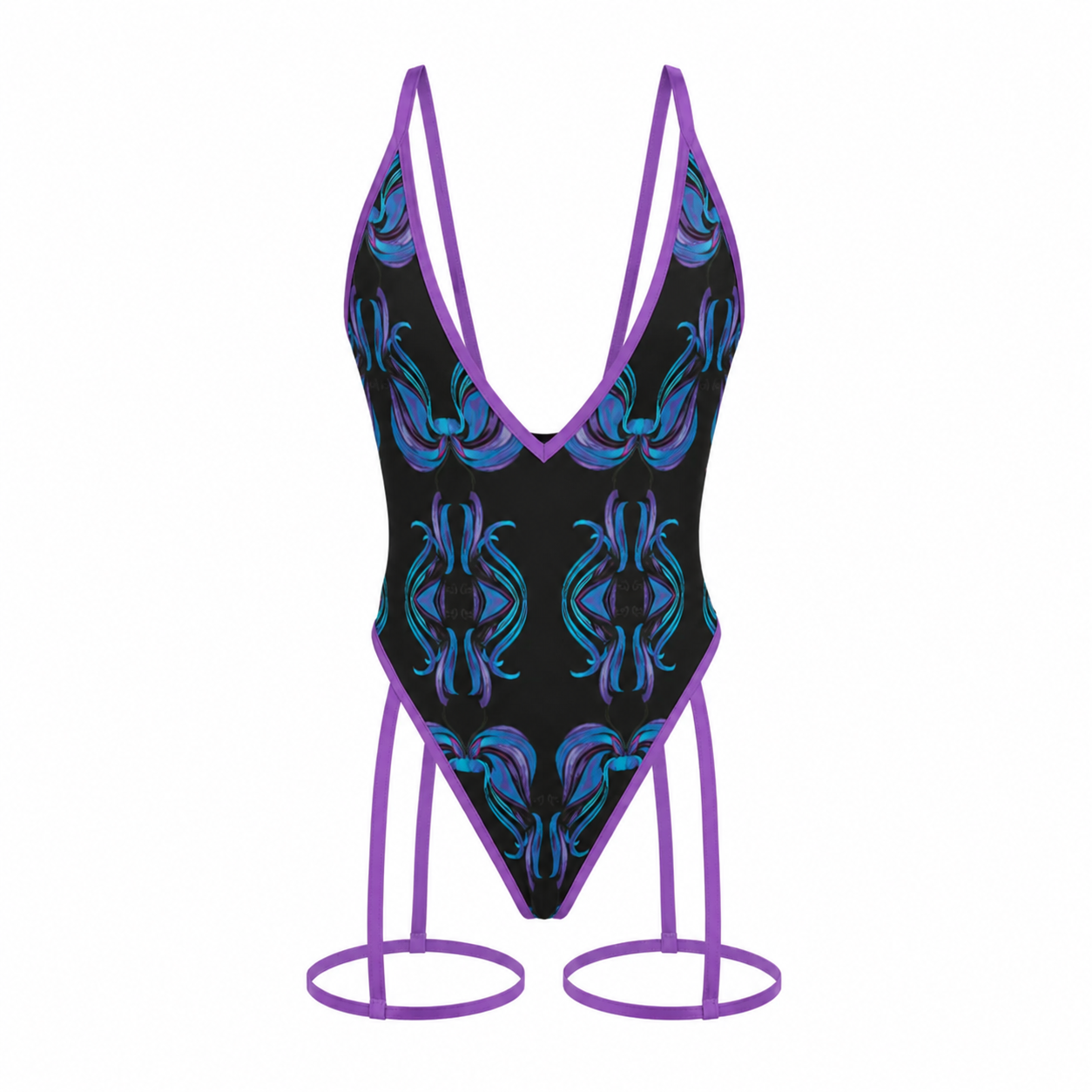 Black swimsuit with blue patterns on a purple stand against a white background