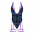 Black swimsuit with blue patterns on a purple stand against a white background