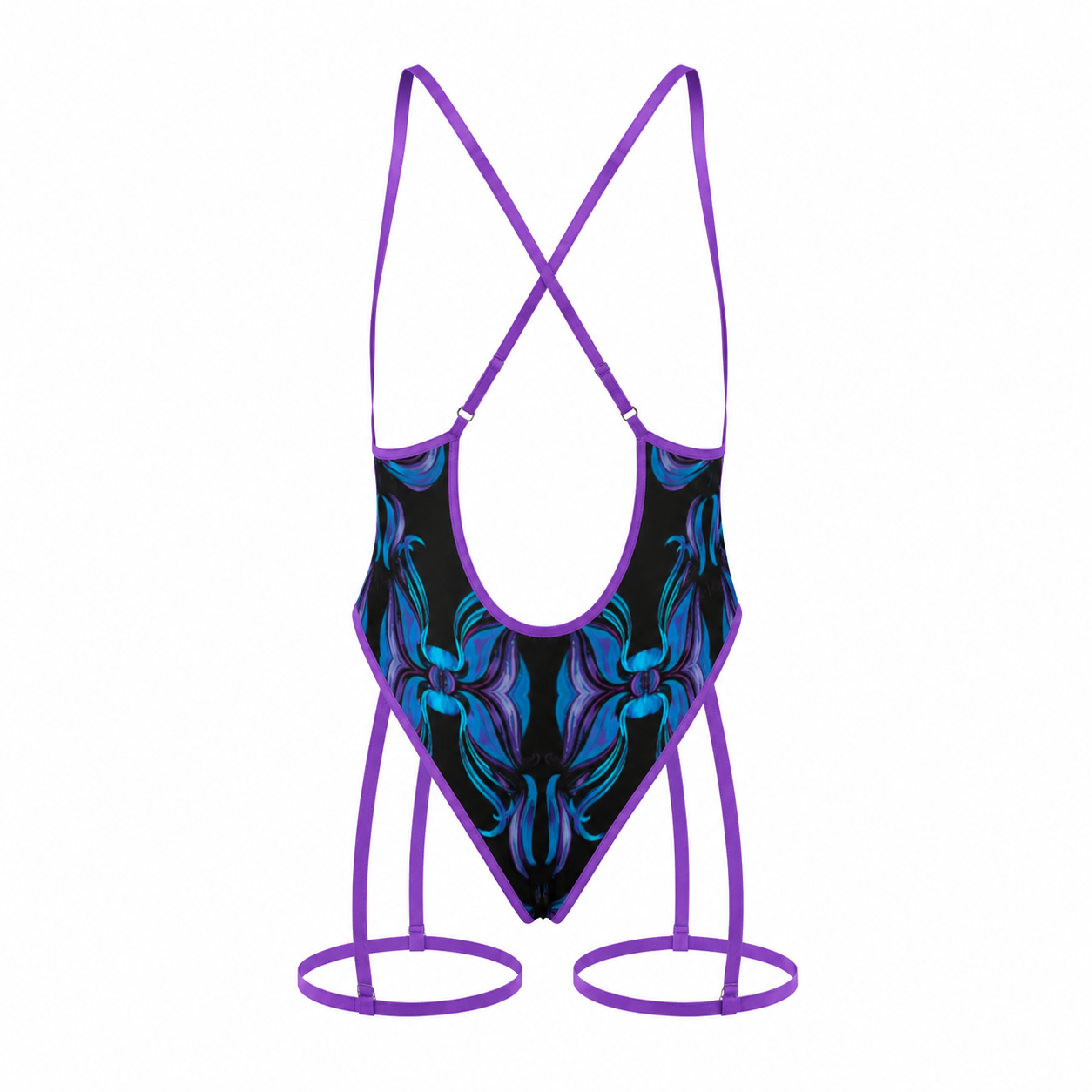 One-piece swimsuit with blue abstract design and purple straps on a white background