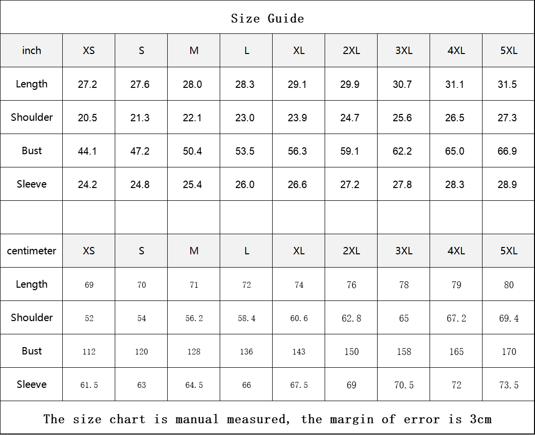Size chart for clothing measurements in inches and centimeters
